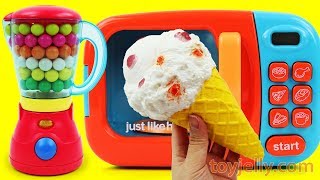 Toy Microwave and Blender Playset Gumball Surprise Ice Cream with Play doh & Ice Cream Squishy