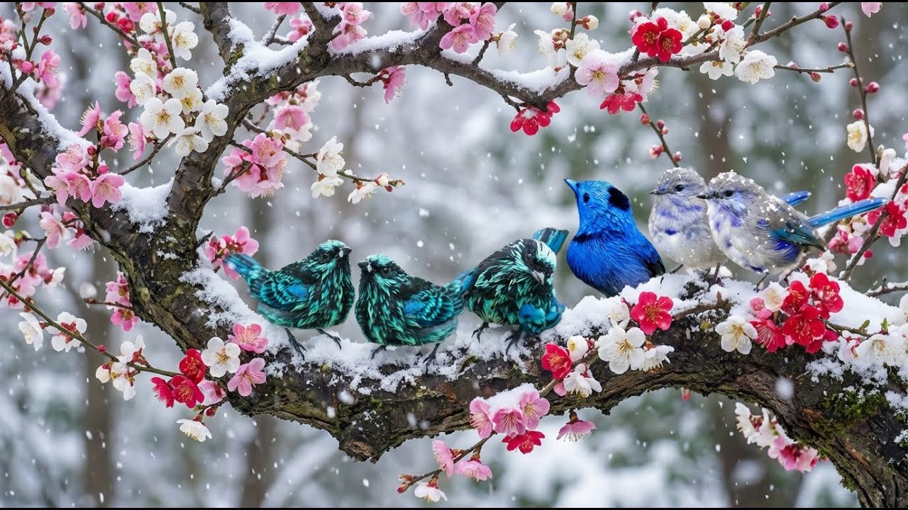 Beautiful Turquoise Birds & Pink Flowers 🌸 Peaceful Winter Snow Ambience