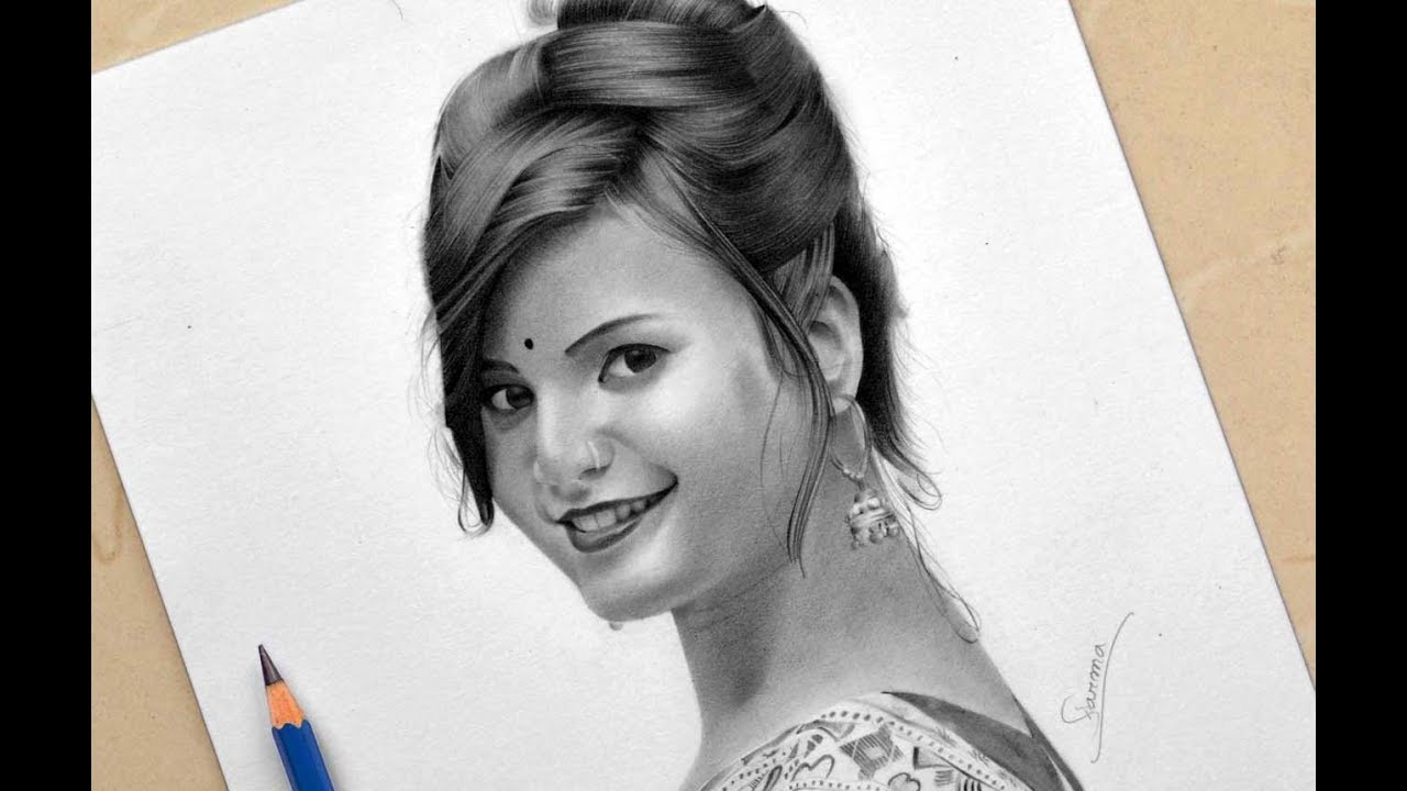 realistic drawing art features a beautiful young woman