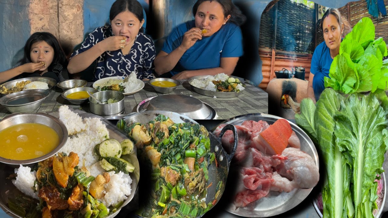 Nepali Village Traditional Recipe Pork Meat & Mustard Greens Curry Eating Village Family 