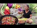 Making Seafood yummy for Food in The rainforest - Hot Raw Shrimp Spicy delicious for Lunch ideas