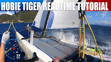 Hobie Tiger looking for speed, multicam catamaran sailing tutorial with commentary