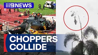 Two helicopters collide mid-air during Malaysia military parade rehearsal | 9 News Australia