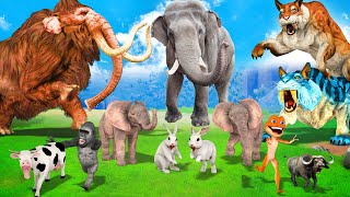 3 Asian Elephants vs 2 Giant Tigers vs 10 Zombie Cow Buffalo Bunnies Saved By Woolly mammoth Gorilla