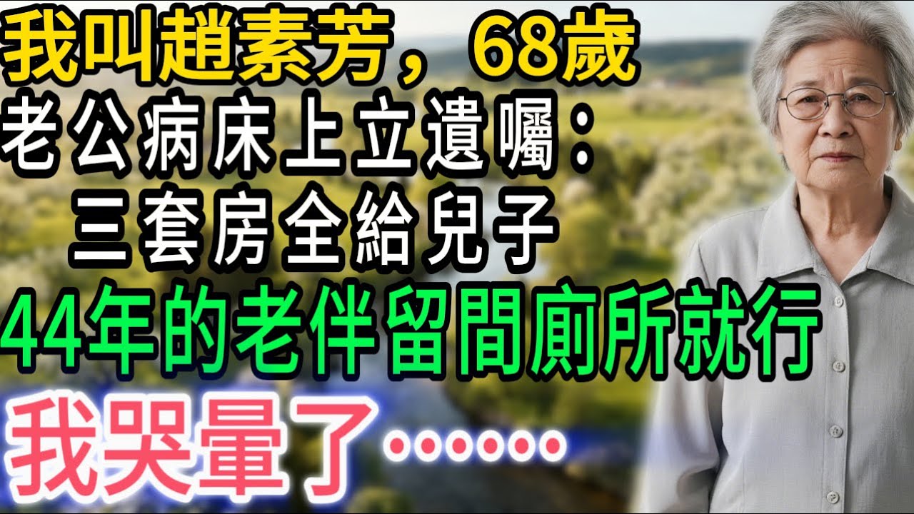 我叫趙素芳，68歲，老公病床上立遺囑：三套房全給兒子，44年的老伴留間廁所就行，我哭暈了