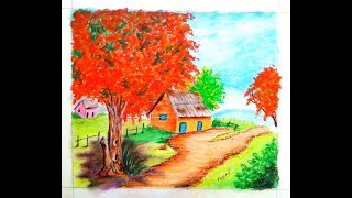 A Unique beautiful landscape drawing|| Oil pastel Drawing Tutorial