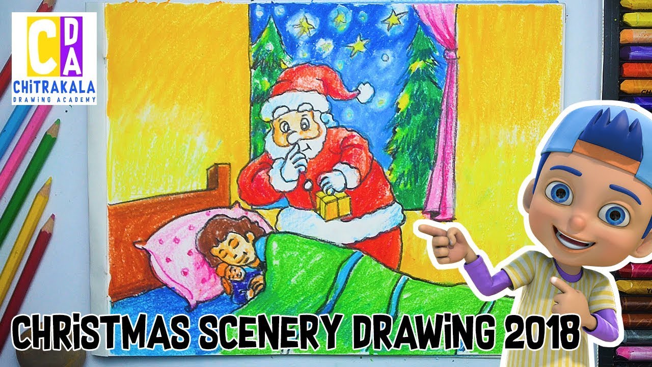 Christmas Drawing with Oil Pastels II  Christmas scenery drawing 2018