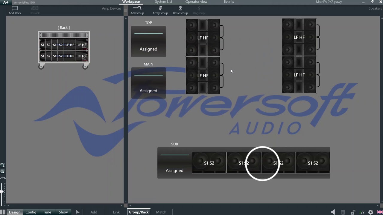 Powersoft ArmoníaPlus Matching online amplifiers to virtual amplifiers in the workspace