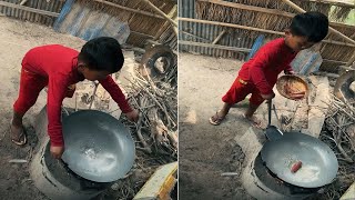 Little boy try cook food while parent go for work