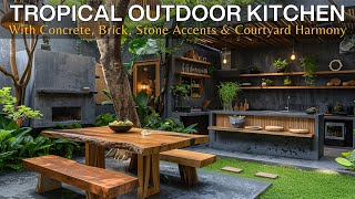 A Modern Tropical Outdoor Kitchen Dining Area with Brick Concrete, Stone Accents \& Courtyard Harmony