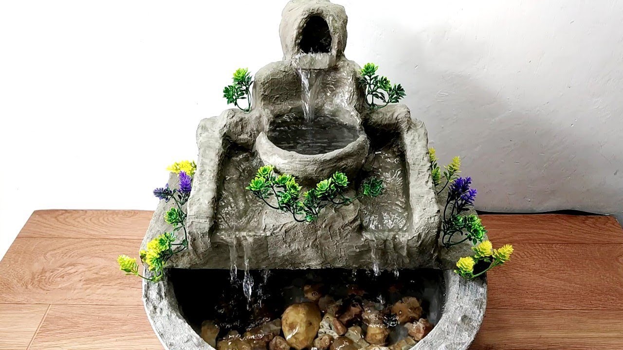 How to make beautiful cement waterfall fountain water fountain - YouTube