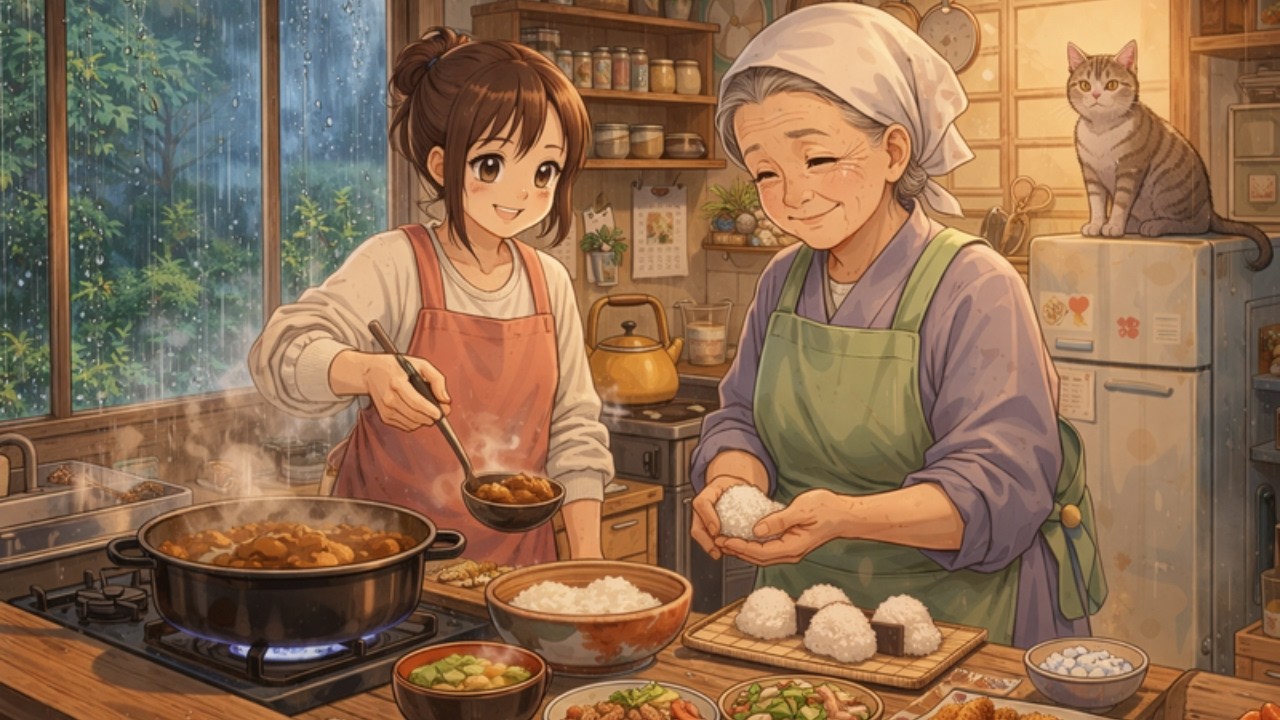 A Rainy Day at Grandma ’s Little Shokudo: Cooking Memories Together | Ghibli-Style Video
