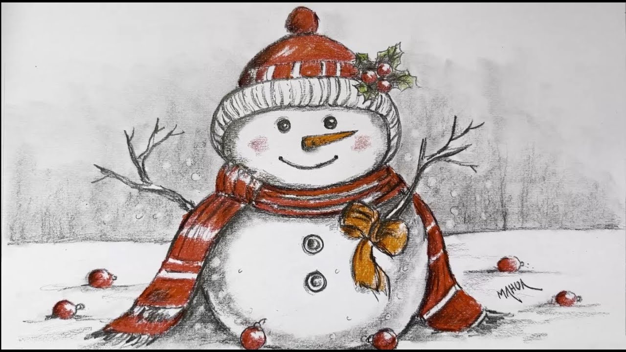 How to draw Snowman in Pencil Shading & Coloured Pencil | Step by step ...