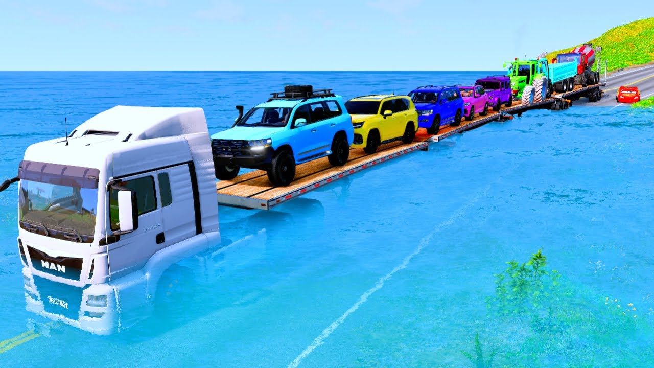 Triple Flatbed Trailer McQueen Transportation with Truck   Speedbumps vs Cars vs Train BeamNG #15