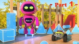 meet robo j5 the robot learn shapes and race monster trucks toys part 1