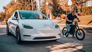 Celebrity Tesla Model Y vs Electric Bike - Drag Race Wealth