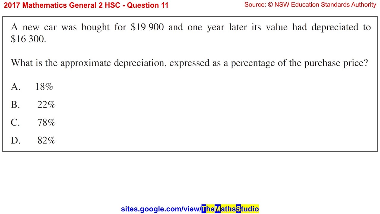 2017 Maths General 2 HSC Q11 Find percentage depreciation given purchase price & salvage value