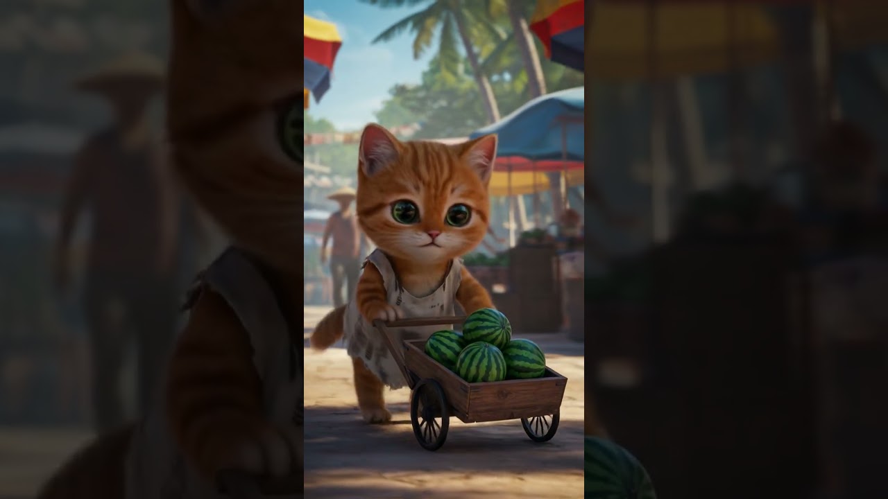 kitten pushing card with watermelon. 