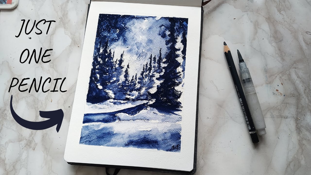 One pencil painting Winter wonderland painting tutorial using