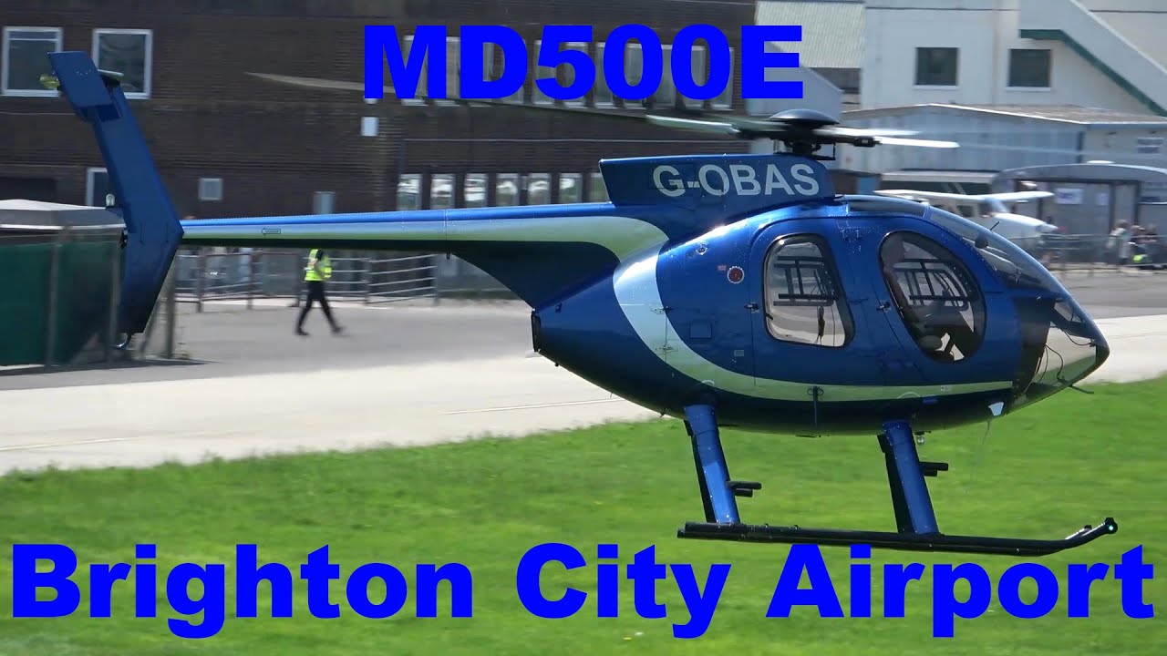 MD500E helicopter engine start and takeoff at Brighton City Airport G-OBAS