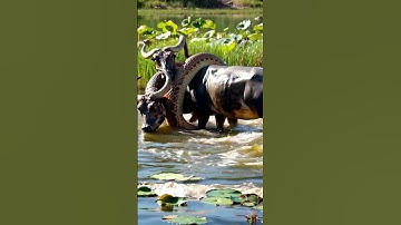 Image of a giant python fighting a buffalo in a swamp  #youtubeshorts  #bigpython #animals  #snake