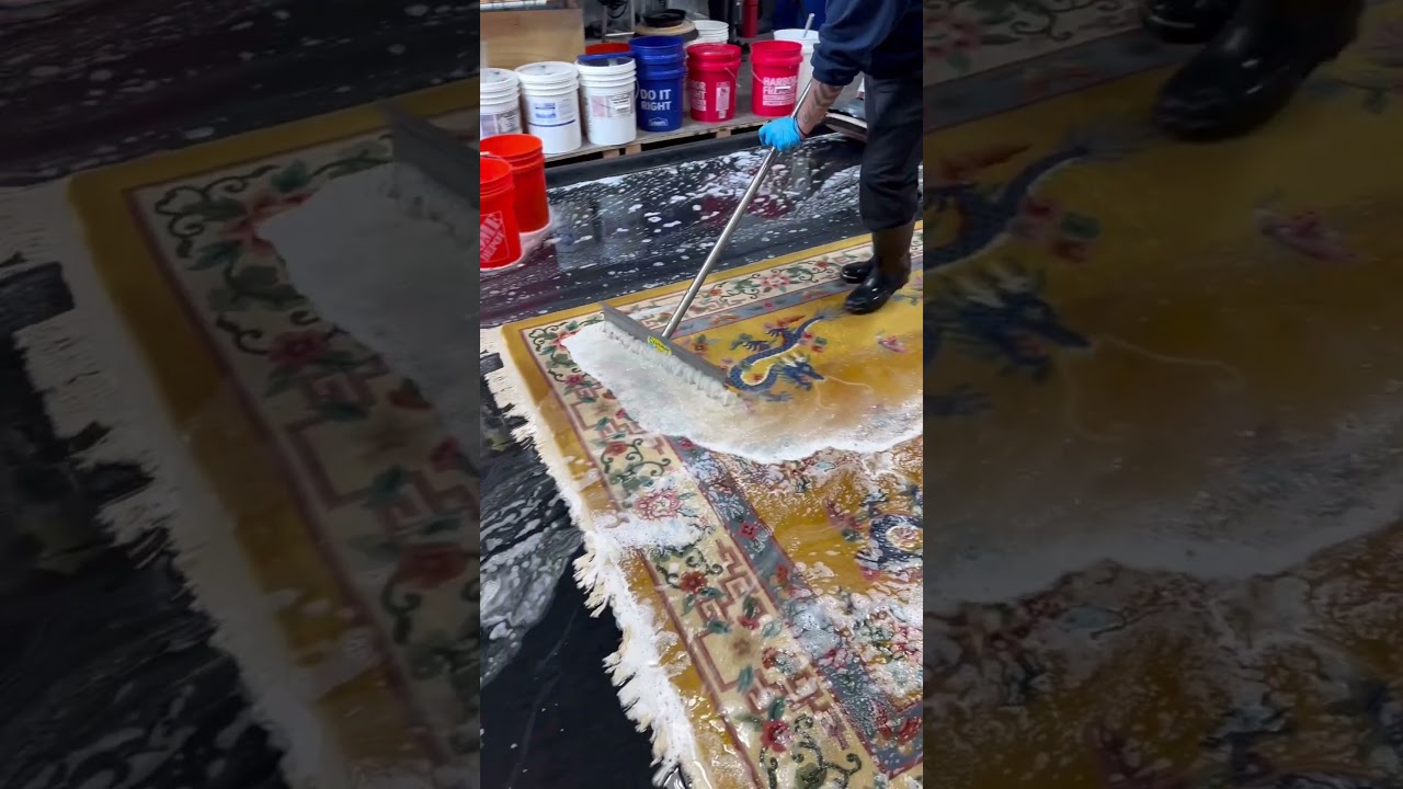 WASHING A RUG! A Yellow Chinese Wool Rug gets a deep scrub & scrape! 
