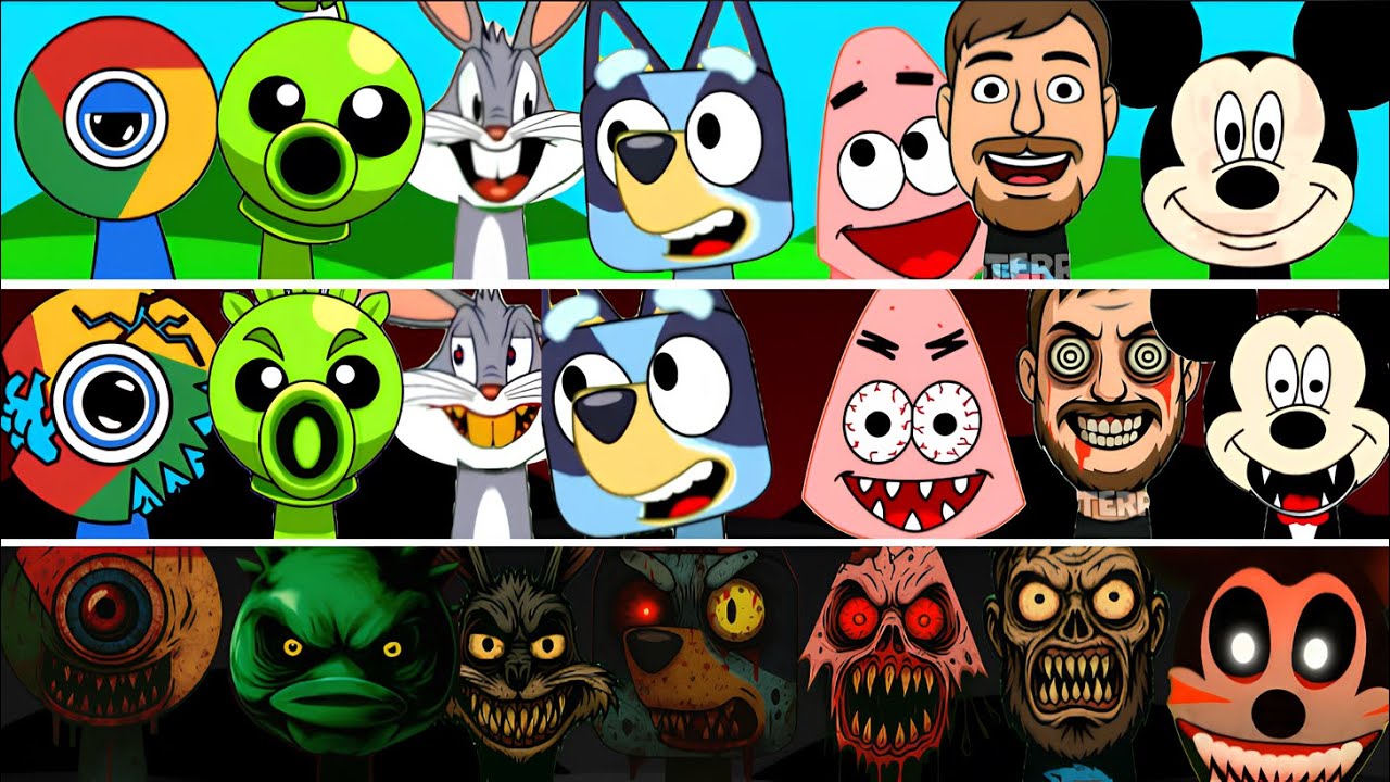 Incredibox Sprunki OC Phase 1 to Phase 3 Bluey, MrBeast, Patrick, Mickey Mouse, Bugs Bunny, Chrome