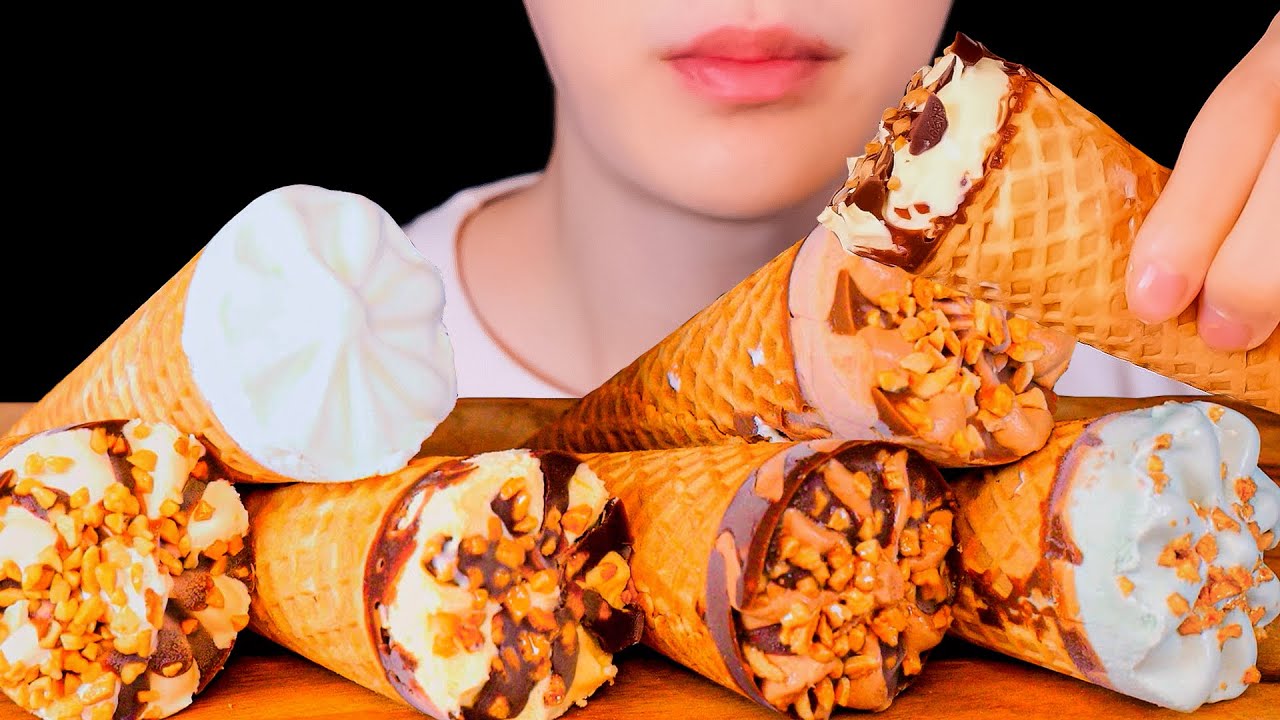 ASMR Chocolate & Vanilla Ice Cream Cones Mukbang Eating Sound No Talking 먹방