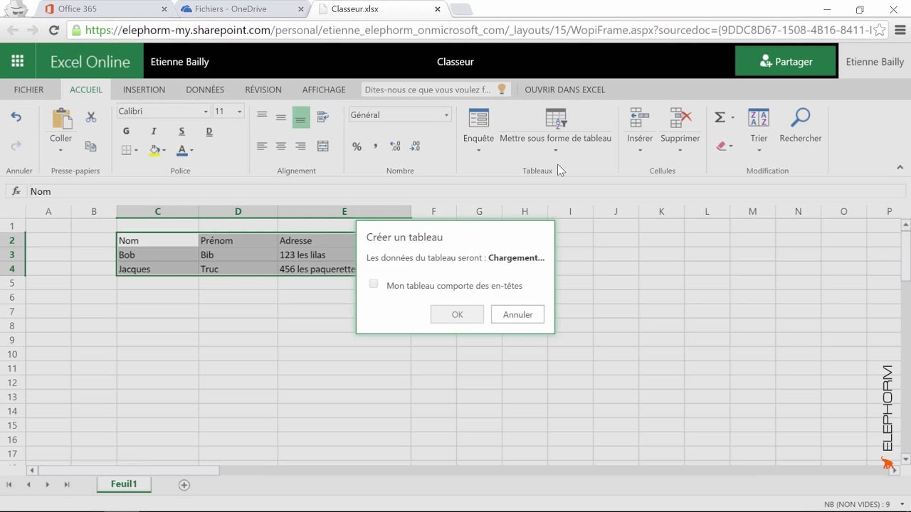 Tuto office 365 ce qui change avec excel online elephorm youtube