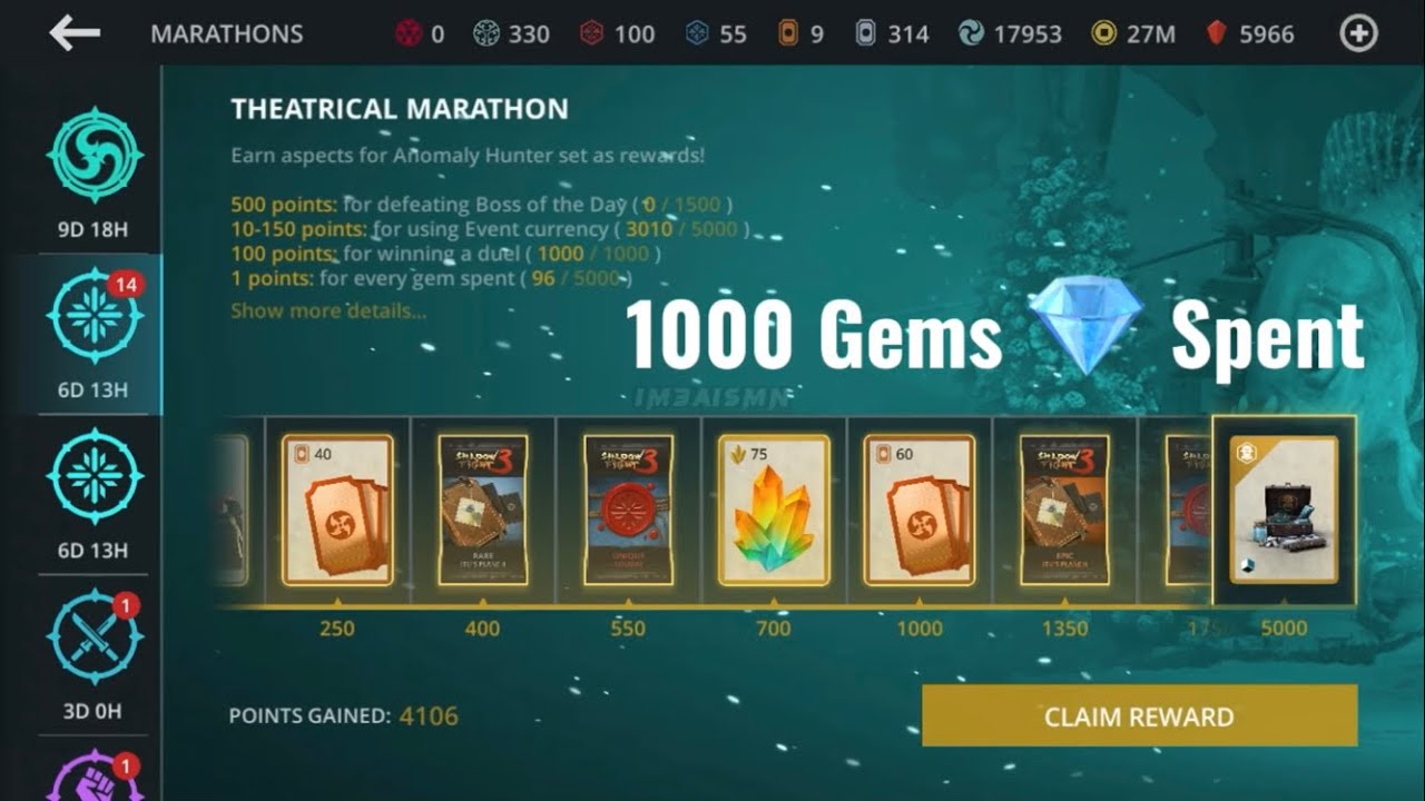 1000p💎1000 Gems💎Spent Theatrical Marathon Completed Epic & Rare