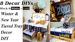 8 Winter New Year Tiered Tray Decor DIY in White Black and Gold / New Year Decoration Ideas 2022