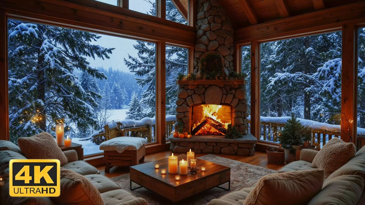 Winter Day in Living Room Space with Fireplace | Relaxing Piano Music for Working and Studying