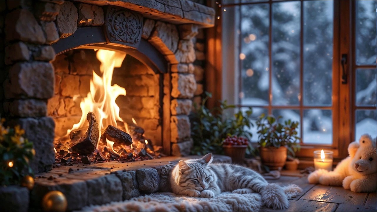 Cozy Fireplace & Sleeping Cat ASMR 🐈 Heavy Snowfall ❄️ Warm Cabin Ambience for Deep Sleep & Relax