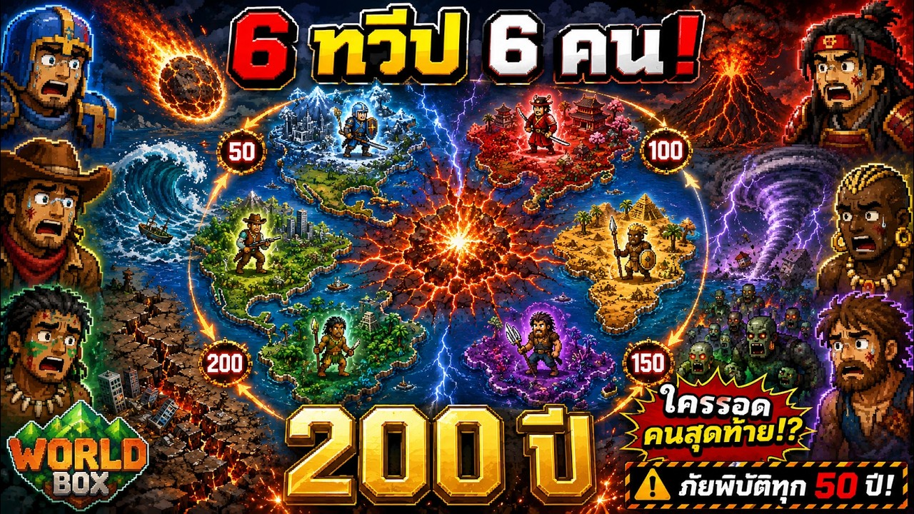 6 ทวีป 6 คน เอาตัวรอด 200 ปี! ภัยพิบัติทุก 50 ปี ใครจะรอดคนสุดท้าย!? | WorldBox
