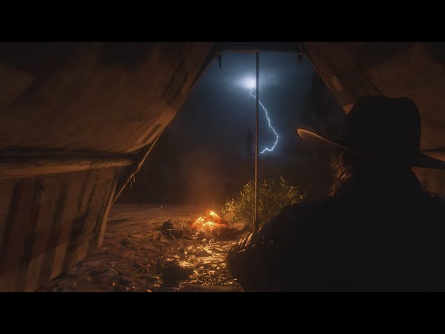 Watching a night-time thunderstorm from a tent | RDR2 ASMR class=