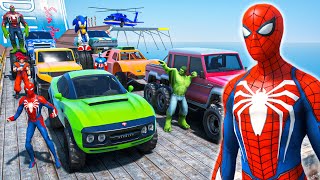 SPIDER-MAN TEAM With Monster Truck CARS SUPERHEROES JUMP Challenge On RAMPS #394