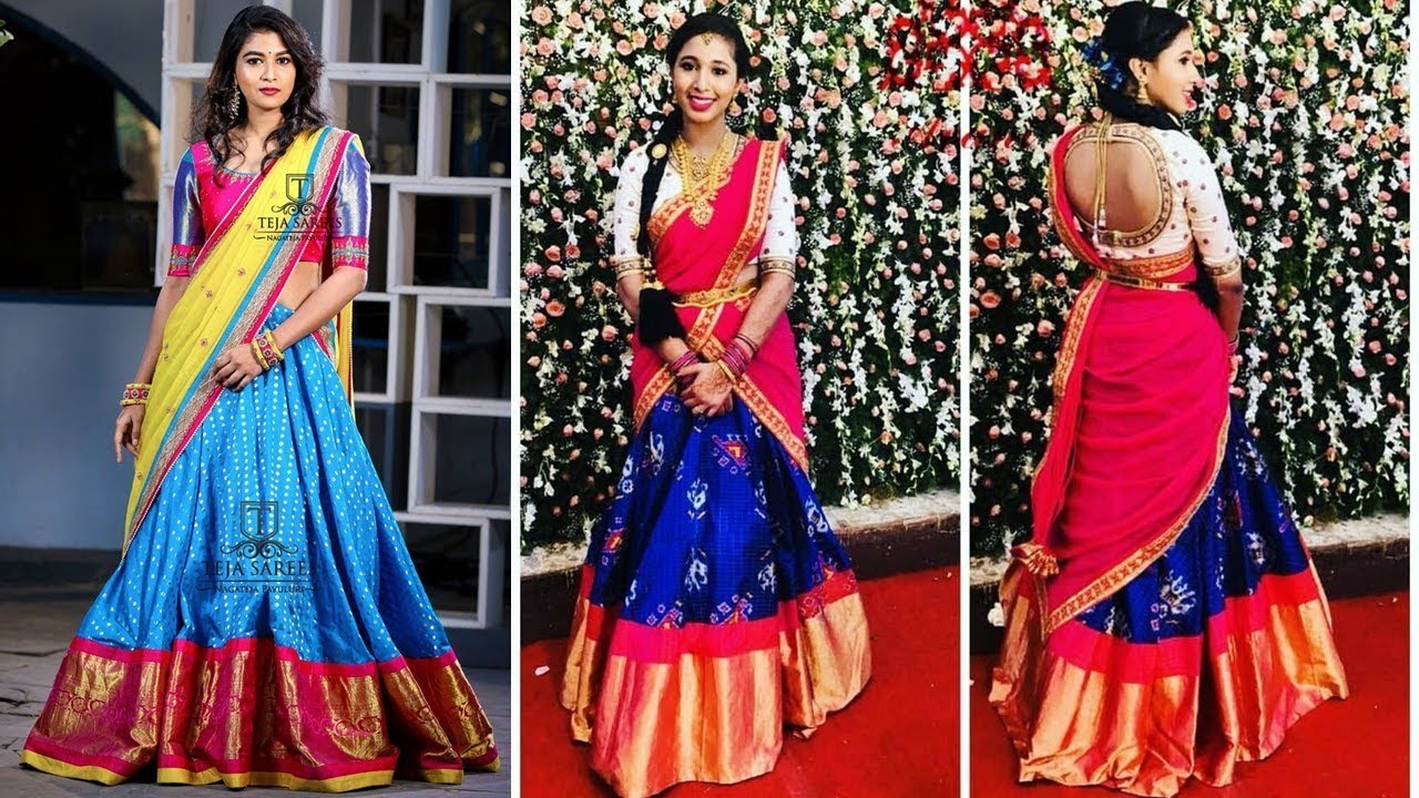 Pink And Blue Contrast Half Saree Designs 19 Youtube