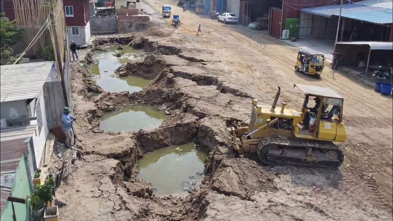 Strong Komatsu Dozer Pushing Sand Bury Sewage And Sink Land