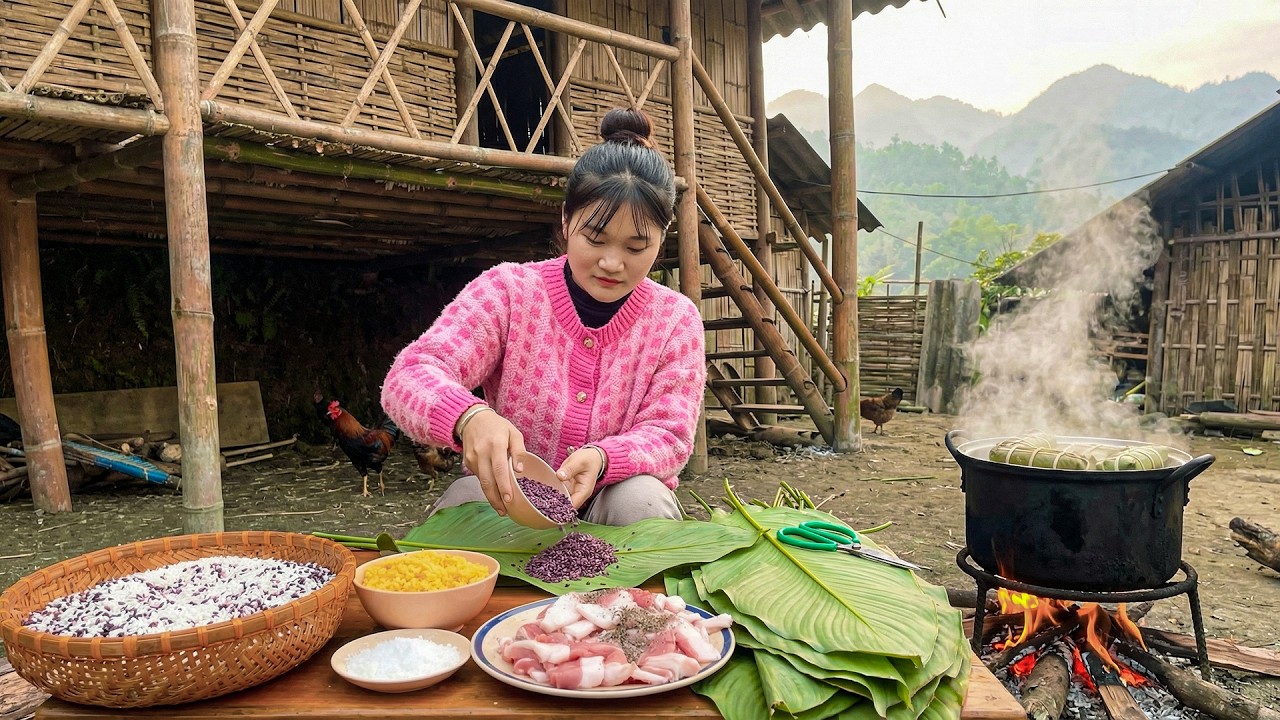 Primtive Rice Making Sticky Rice Cakes from 2 Types of Rice & Forest Leaves ...