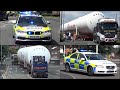 Large medical gas tankers escorted by police cars and motorcycles