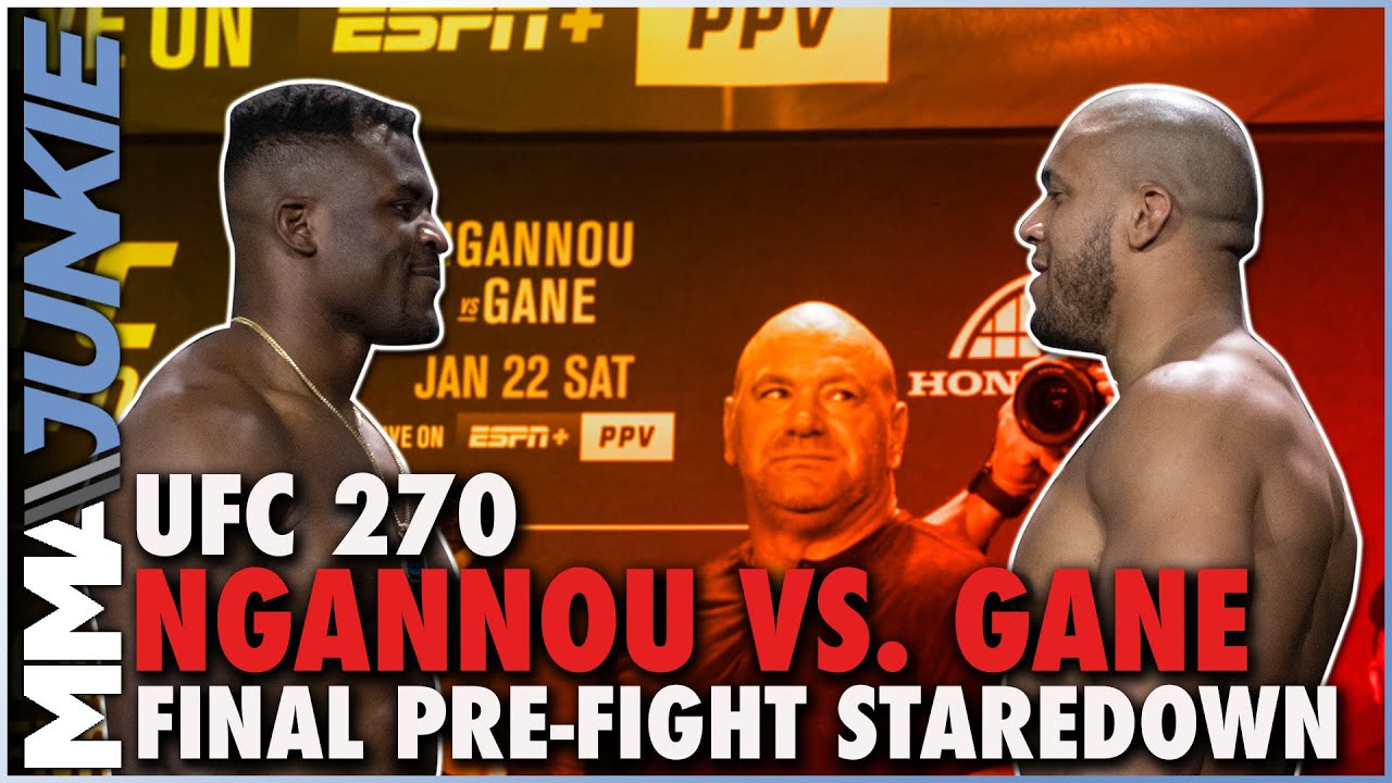 Francis Ngannou, Ciryl Gane fist bump at final faceoff UFC 270 staredown 