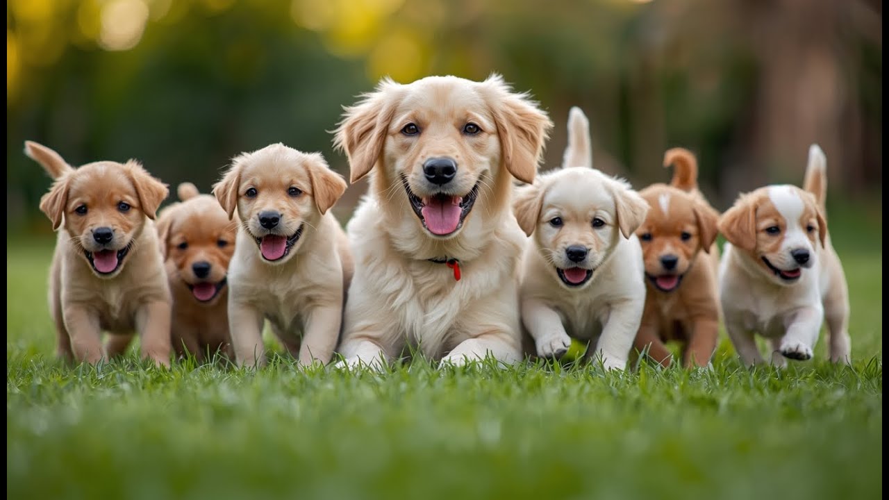 Adorable puppies playing together with their mother on green grass – Dog barking sounds – Dog videos