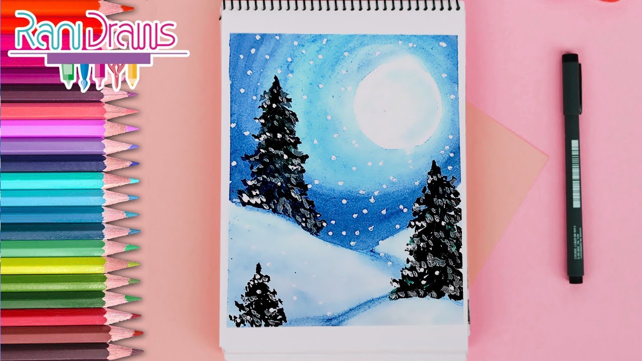 Cómo dibujar una ESCENA / PAISAJE DE INVIERNO con ACUARELA - ideas de dibujos con acuarela