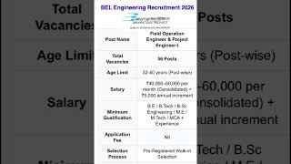 BEL Engineering Recruitment 2026 | 56 Vacancies | No Application Fee | Engineer Jobs 2026