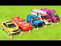 TRANSPORTING POLICE CARS, DACIA, MCQUEEN, JEEP, AMBULANCE, EMERGENCY COLORFUL CARS WITH TRUCK FS22