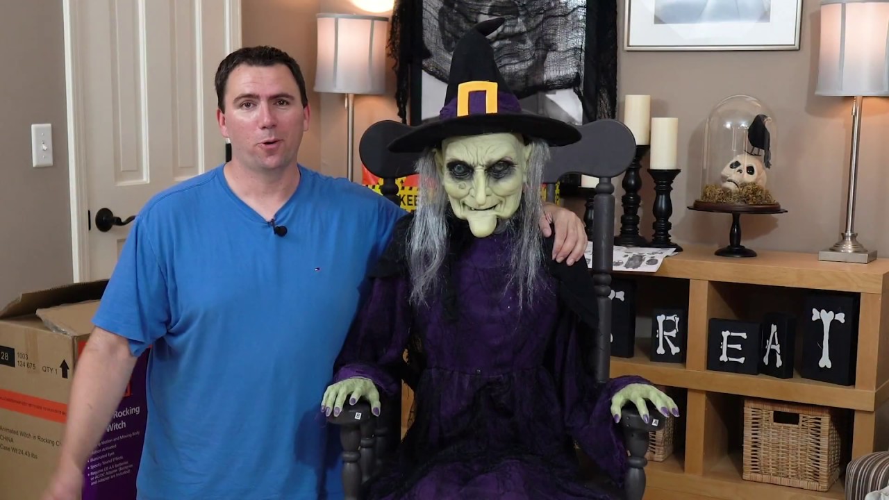 rocking chair animated witch  home depot halloween animatronic  unboxing  assembly  demo