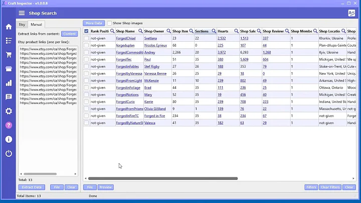 How to extract Etsy shop data from given Etsy shop links and link extractor tool