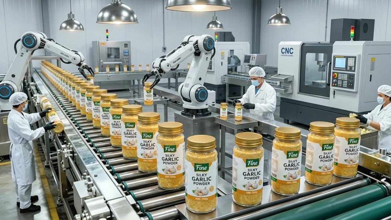 Fine Silky Garlic Powder Factory - Automated Jar Packaging Line With Robotic Arms