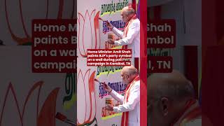 Home Minister Amit Shah paints BJP's party symbol on a wall during poll campaign in Karaikal, TN