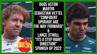 DUOS ASTON MARTIN F1 BOYS POST FREE PRACTICE INTERVIEW SPANISH GP SEBASTIAN VETTEL & LANCE STROLL